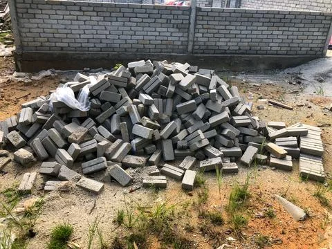 Bunch of concrete sand bricks at the construction sites. Selective focus Foto stock