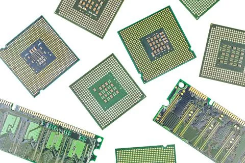Bunch of CPU, central processor units and RAM, random-access memory, isolated 库存照片