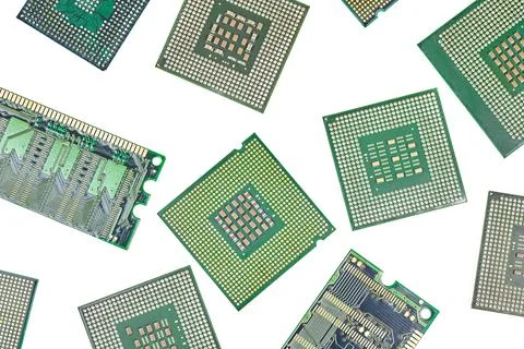 Bunch of CPU, central processor units and RAM, random-access memory, isolated Stock Photos