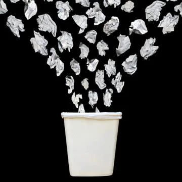 Bunch of cumbled paper being throwing into a trash bin or waste bin isolated Fotos Stock