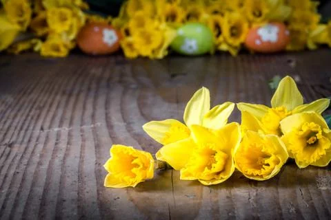 Bunch of daffodils with easter eggs for Easter Foto stock
