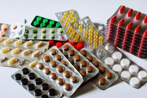 .a bunch of different pharmacy pill blisters. Stock Photos