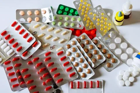 .a bunch of different pharmacy pill blisters. Stock Photos