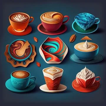 A bunch of different types of coffee cups and saucers on a blue background .. Illustrazione stock