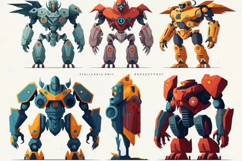 A bunch of different types of robot suits and armors all in different color.. Stock Illustration