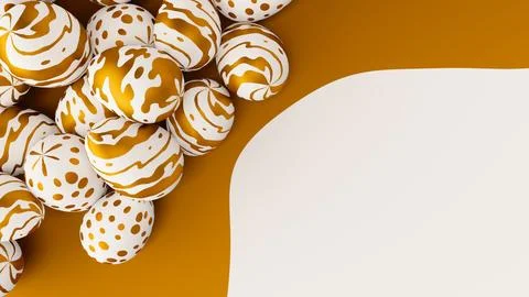 Bunch of easter eggs with golden ornament on ornate background. 3d render Stock Illustration