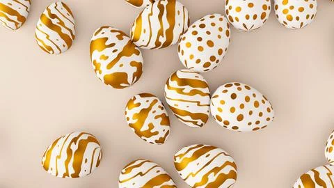 Bunch of easter eggs with golden ornament on beige background. 3d render Stock Illustration