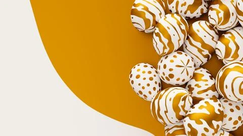Bunch of easter eggs with golden ornament on ornate background. 3d render Stock Illustration
