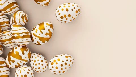 Bunch of easter eggs with golden ornament on beige background. 3d render Stock Illustration