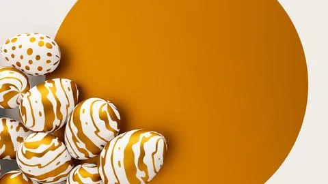 Bunch of easter eggs with golden ornament on ornate background. 3d render Stock Illustration