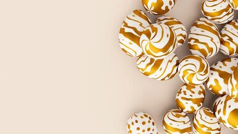 Bunch of easter eggs with golden ornament on beige background. 3d render Stock Illustration