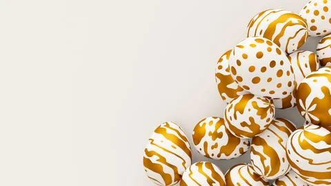 Bunch of easter eggs with golden ornament on white background. 3d render Stock Illustration