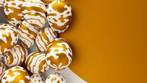 Bunch of easter eggs with golden ornament on ornate background. 3d render Stock Illustration