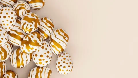 Bunch of easter eggs with golden ornament on beige background. 3d render Stock Illustration