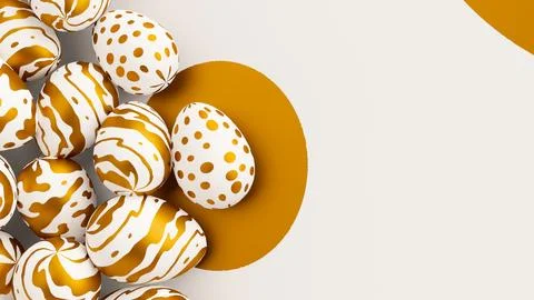 Bunch of easter eggs with golden ornament on ornate background. 3d render Stock Illustration