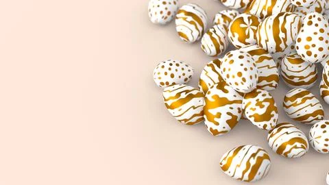Bunch of easter eggs with golden ornament on beige background. 3d render Stock Illustration