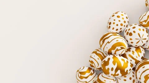 Bunch of easter eggs with golden ornament on white background. 3d render Stock Illustration