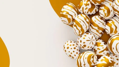 Bunch of easter eggs with golden ornament on ornate background. 3d render Stock Illustration