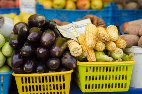 Bunch of eggplants and corns in boxes in city market Stock Photos