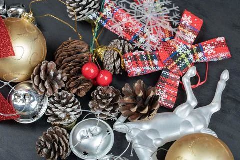 Bunch of festive decorations on dark background Stock Photos