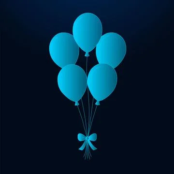 Bunch of five flying balloons icon with glowing gradient on dark background. Illustrazione stock
