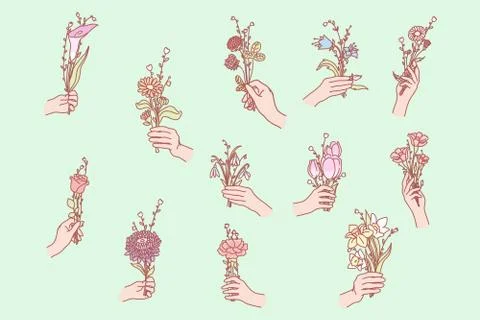 Bunch of flowers in hand Stock Illustration