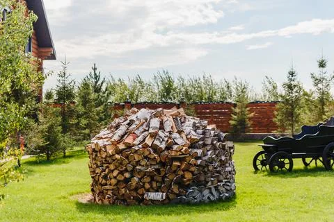 A bunch of folded Birch wood on the grass Stock Photos