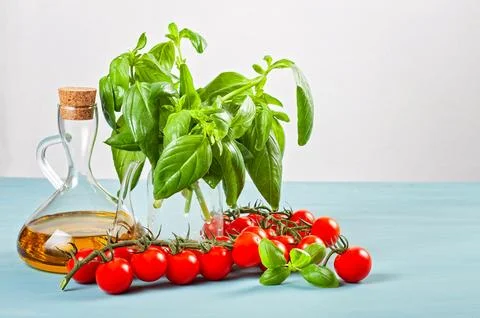 Bunch of fresh basil, tomatoes and olive oil - traditional ingredient of ital 写真素材