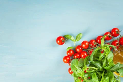 Bunch of fresh basil, tomatoes and olive oil - traditional ingredient of ital Stock Photos