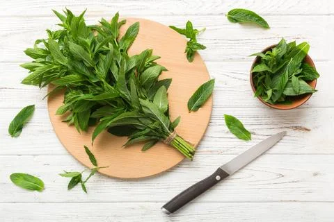 Bunch of fresh mint on the cutting boards, colored background top view Stock Photos