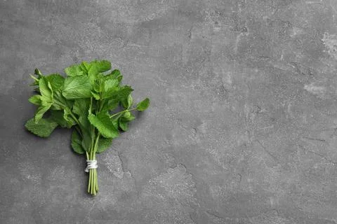 Bunch of fresh mint on grey background, top view. Space for text Stock Photos