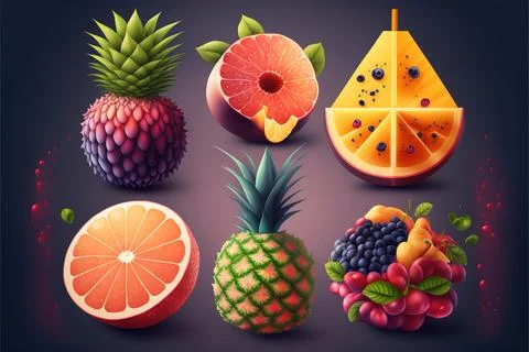 A bunch of fruit that are on a table together including a pineapple a grape.. Stock Illustration