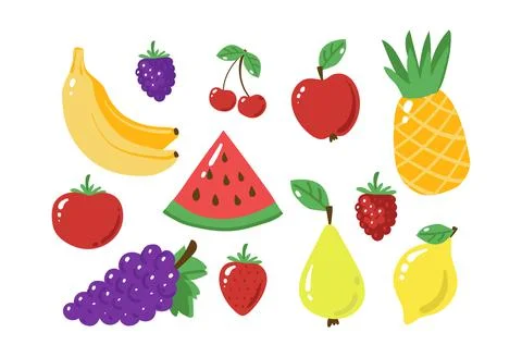 Bunch of fruit icons in flat design. Watermelon, bananas, apple, pineapple Stock-Illustration