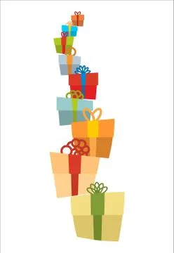 Bunch of gifts. Stack of gift boxes. Tower of gifts with bows. Many holiday b Illustrazione stock