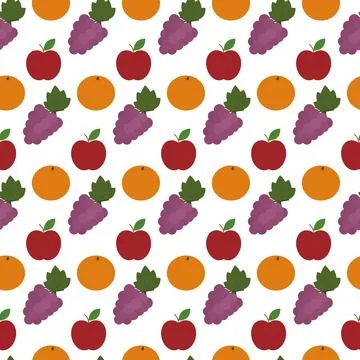 Bunch of Grape Orange Fruit and Red apple Seamless Pattern Fruits Minimalist Stock Illustration