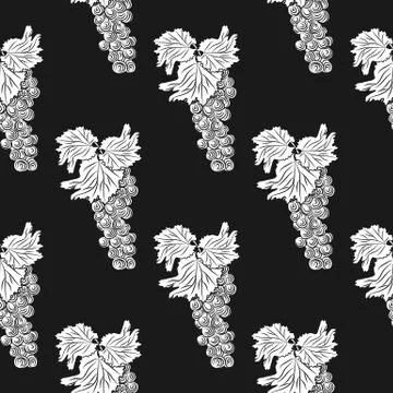 Bunch of grapes on black background. Hand drawn grapes seamless pattern. Fres Stock Illustration