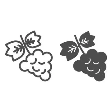Bunch of grapes line and solid icon. Grapevine with leaf wine label outline Ilustração Stock