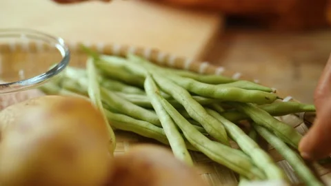 A Bunch of Green Beans on Bamboo Tray, HD Stock Footage 148190959