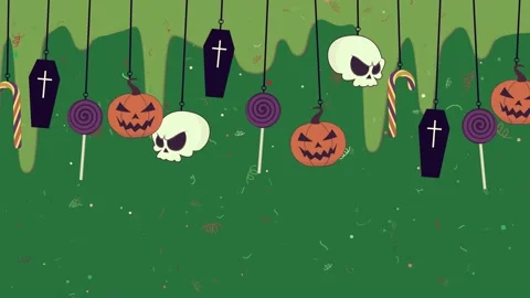 Bunch of halloween candys hanging from strings and group the ceiling wallpape... 库存影片 335979404