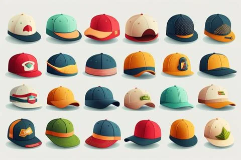 A bunch of hats that are all different colors and sizes of hats on a white .. Stock Illustration