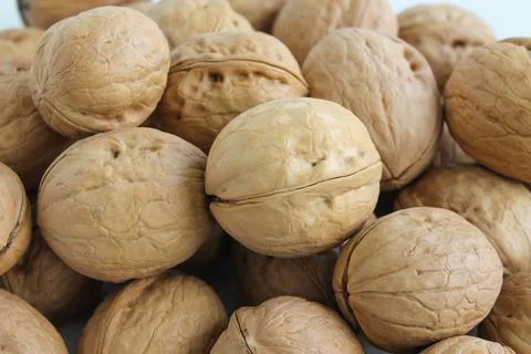 A bunch of inshell walnuts close-up Stock Photos