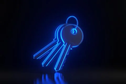 Bunch of keys with ring with bright glowing futuristic blue neon lights Stock Illustration