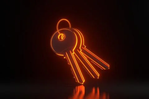 Bunch of keys with ring with bright glowing futuristic orange neon lights Stock Illustration