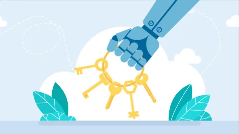 Bunch of keys in a robotic hand. Keyword. Key to success or solution. AI. Robot Stock Footage 251707590