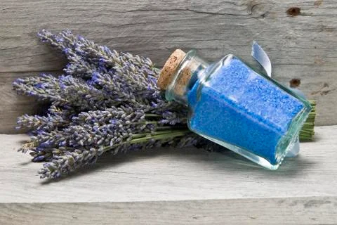 Bunch of lavender and bath salts. Stock Photos