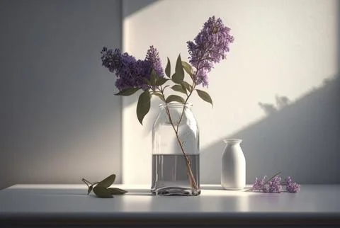 Bunch lilac in vase on table in white minimal room. Stock Illustration