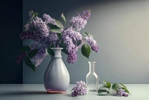 Bunch lilac in vase on table in white minimal room. Stock Illustration