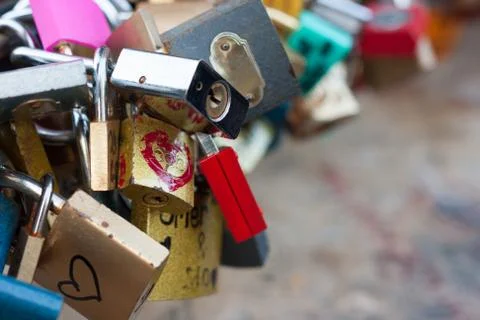 A bunch of love locks, with copy space Stock Photos