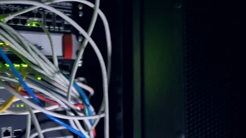 A bunch of many patch cords plugged into a network switch. 4K. Stock Footage 78368301