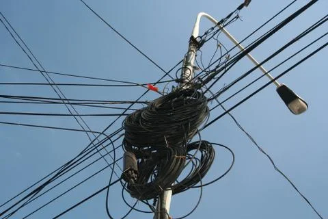 Bunch of Messed Cables on Light Pole Fotos Stock